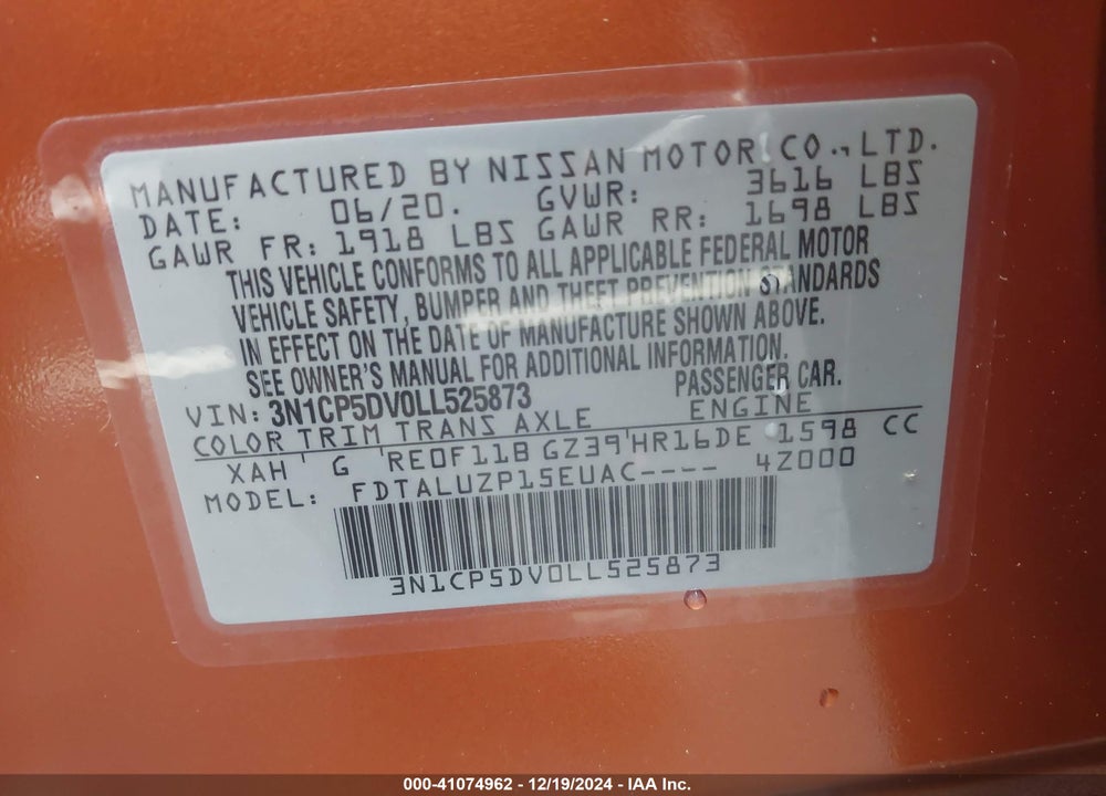 2020 NISSAN KICKS SR XTRONIC CVT VIN: 3N1CP5DV0LL525873