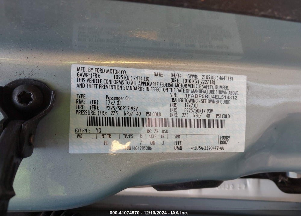 2014 FORD C-MAX HYBRID SEL VIN: 1FADP5BU4EL514312