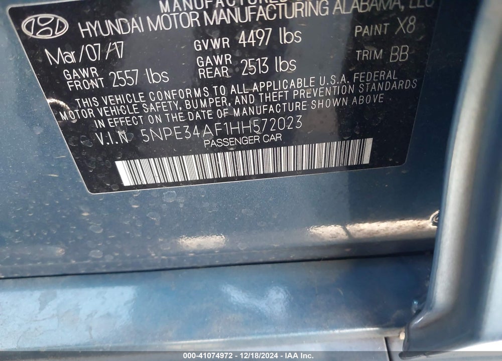 2017 HYUNDAI SONATA SPORT VIN: 5NPE34AF1HH572023