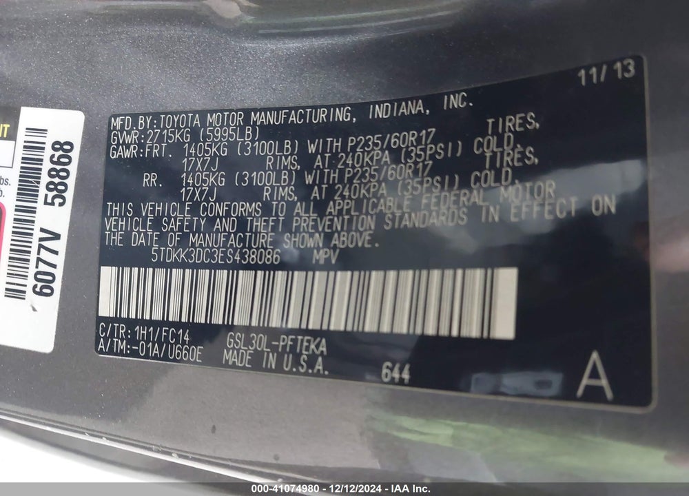2014 TOYOTA SIENNA LE V6 7 PASSENGER AUTO ACCESS SEAT/LE V6 7 PASSENGER MOBILITY/LE V6 8 PASSENGER VIN: 5TDKK3DC3ES438086