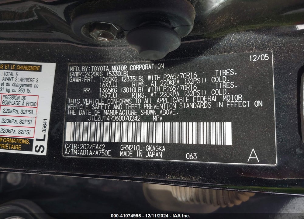 2006 TOYOTA 4RUNNER SR5 V6 VIN: JTEZU14R060070242