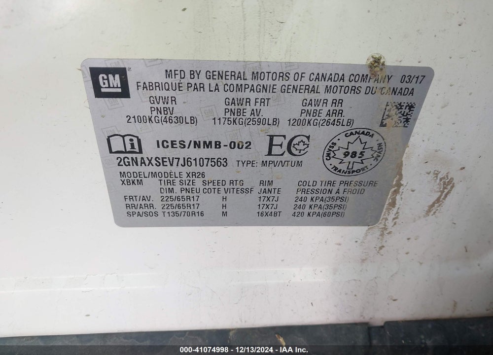 2018 CHEVROLET EQUINOX LT VIN: 2GNAXSEV7J6107563