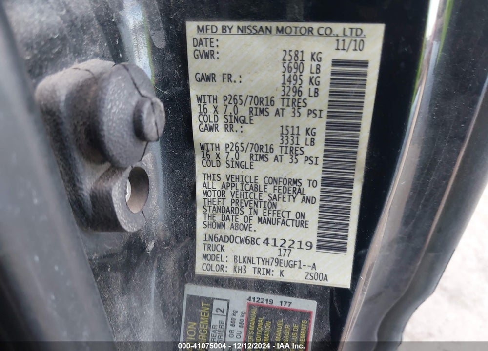 2011 NISSAN FRONTIER SV VIN: 1N6AD0CW6BC412219