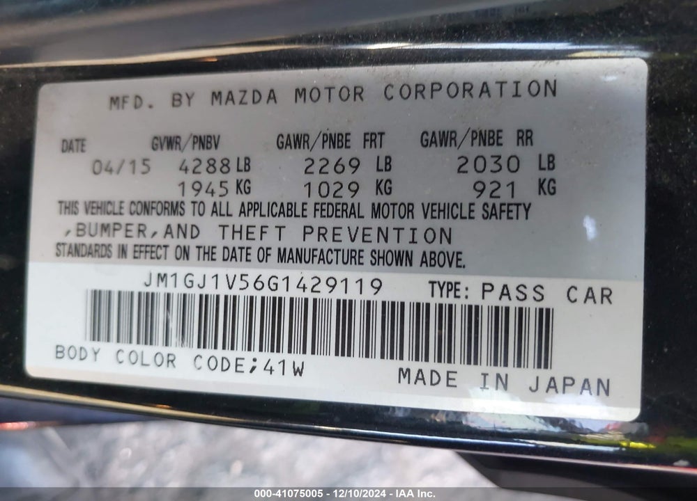 2016 MAZDA MAZDA6 VIN: JM1GJ1V56G1429119