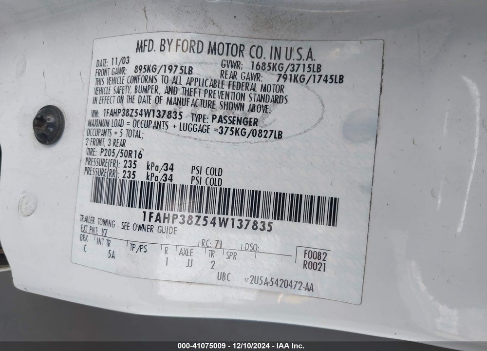 2004 FORD FOCUS ZTS VIN: 1FAHP38Z54W137835
