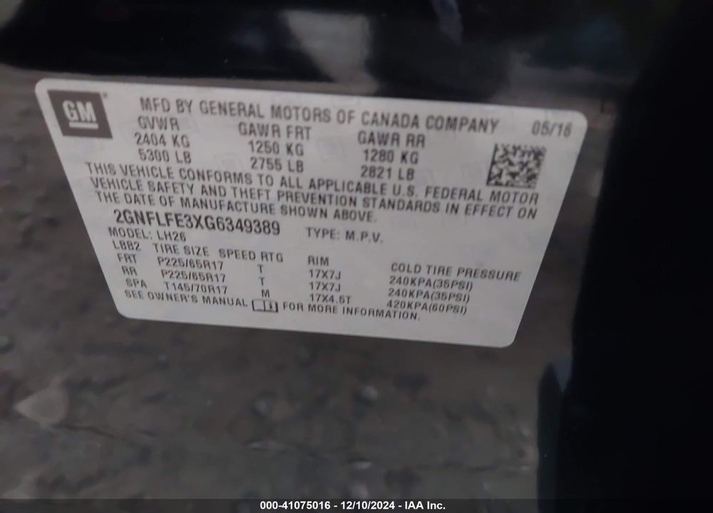 2016 CHEVROLET EQUINOX LT VIN: 2GNFLFE3XG6349389