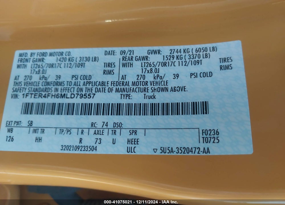 2021 FORD RANGER LARIAT VIN: 1FTER4FH6MLD79557