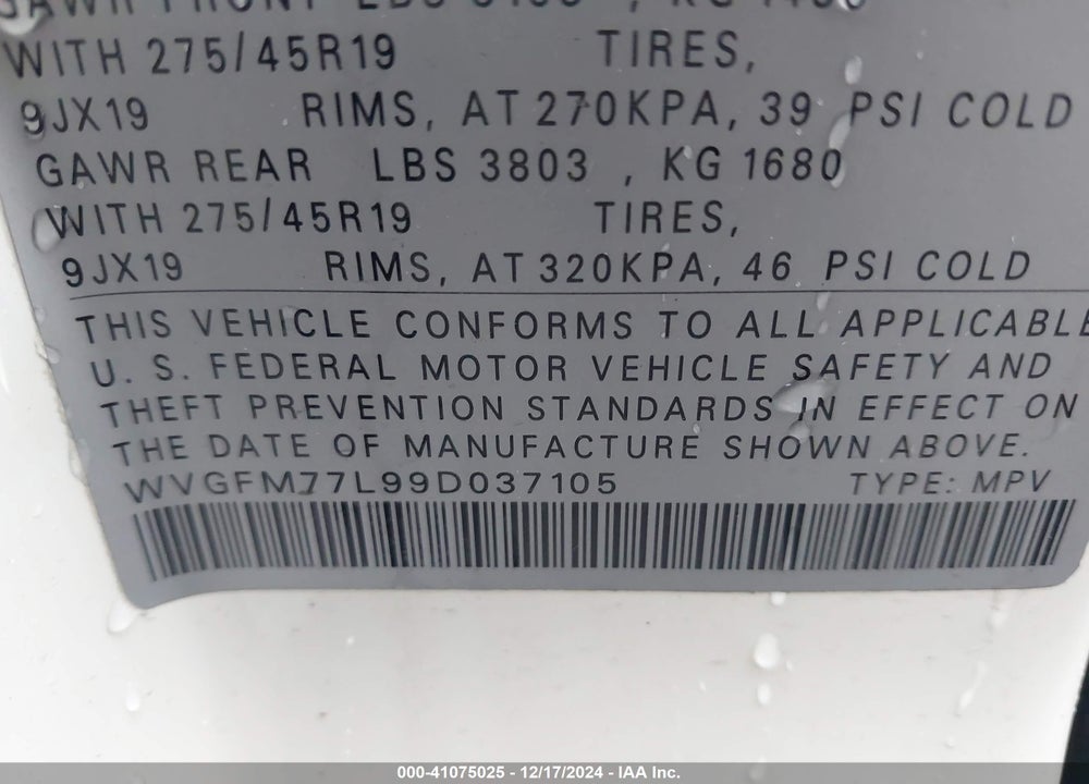 2009 VOLKSWAGEN TOUAREG 2 V6 TDI VIN: WVGFM77L99D037105