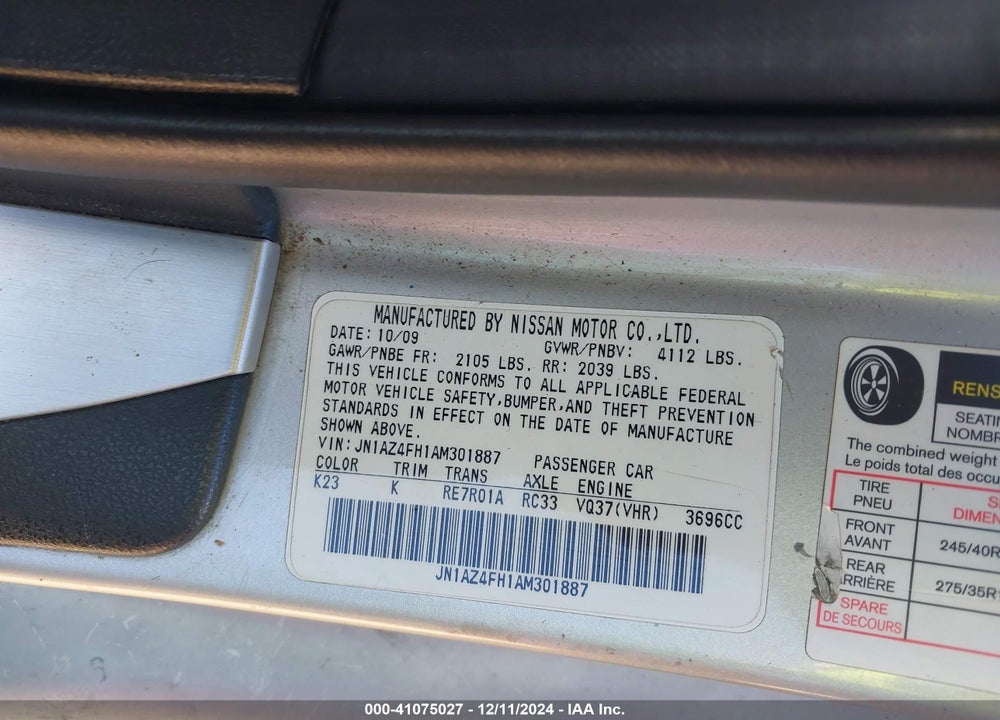 2010 NISSAN 370Z VIN: JN1AZ4FH1AM301887
