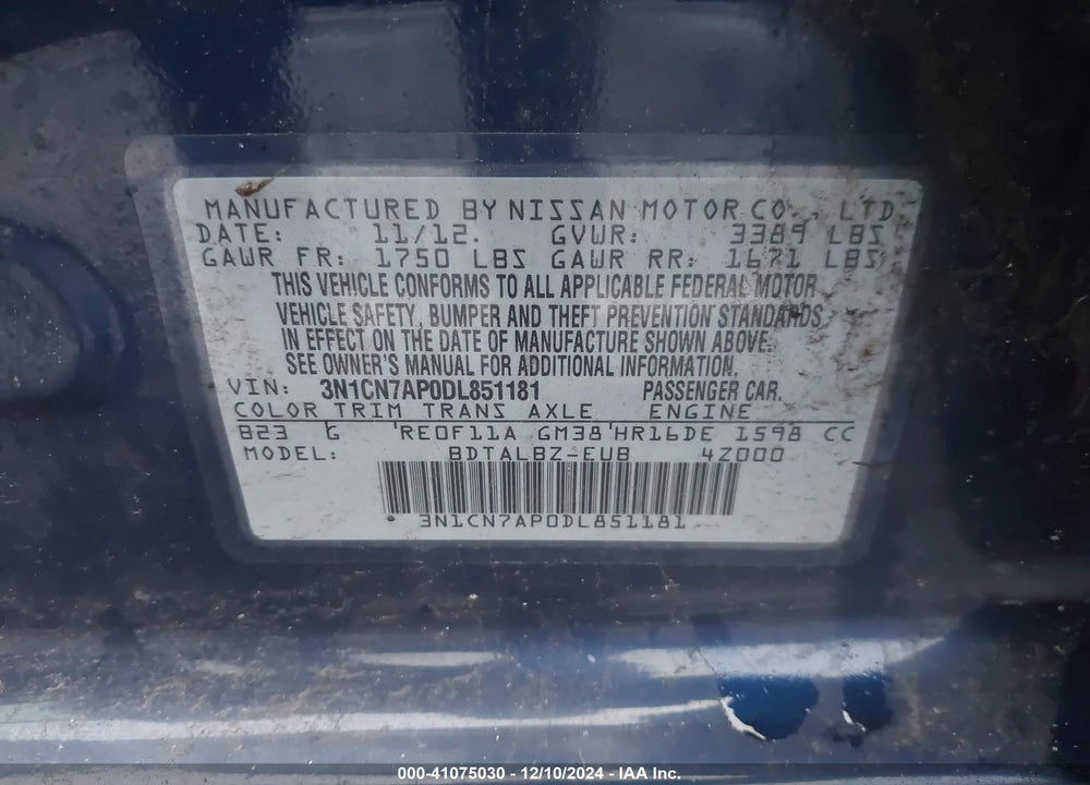 2013 NISSAN VERSA 1.6 SV VIN: 3N1CN7AP0DL851181