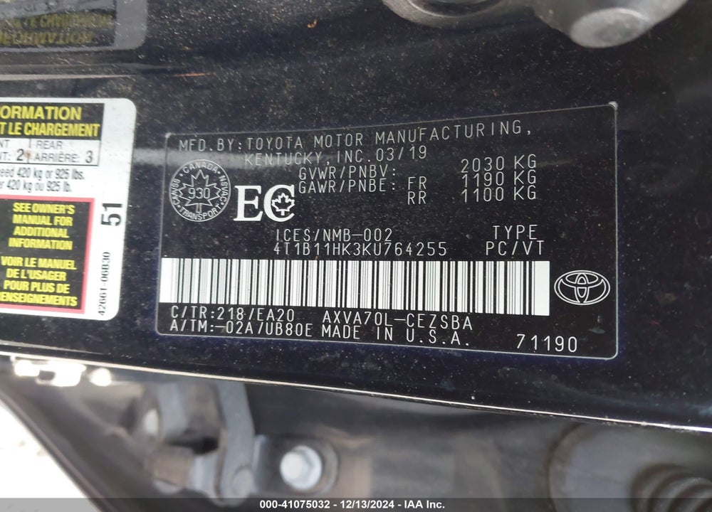 2019 TOYOTA CAMRY SE VIN: 4T1B11HK3KU764255