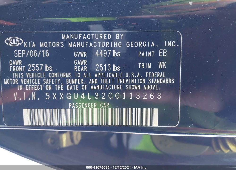 2016 KIA OPTIMA VIN: 5XXGU4L32GG113263