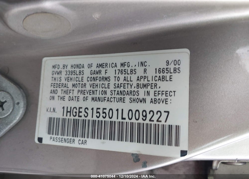 2001 HONDA CIVIC LX VIN: 1HGES15501L009227