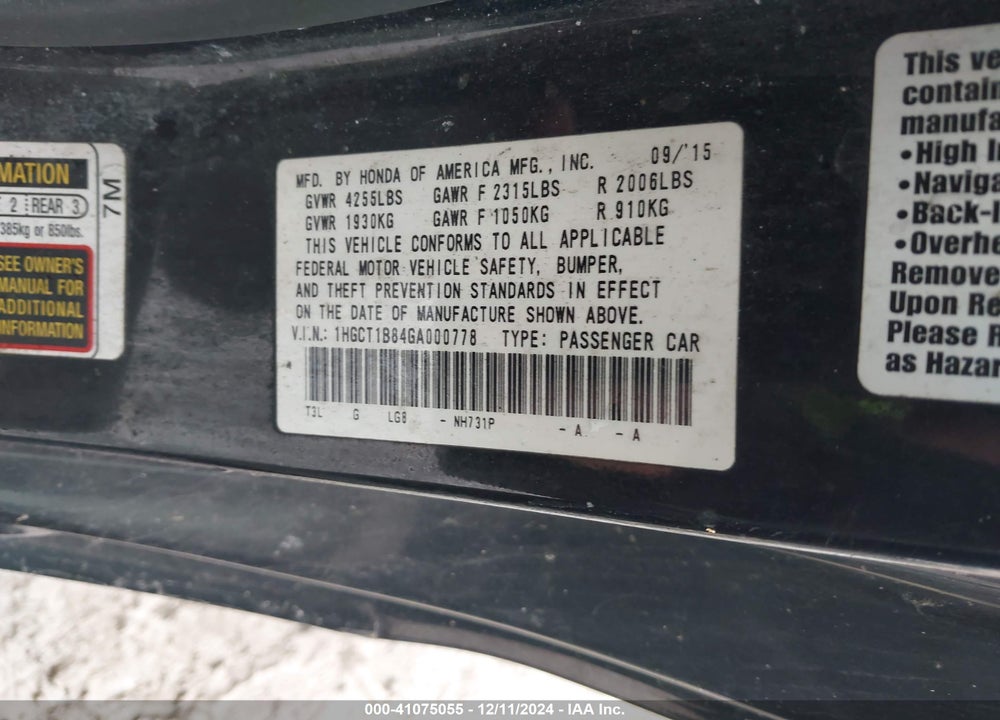 2016 HONDA ACCORD VIN: 1HGCT1B84GA000778