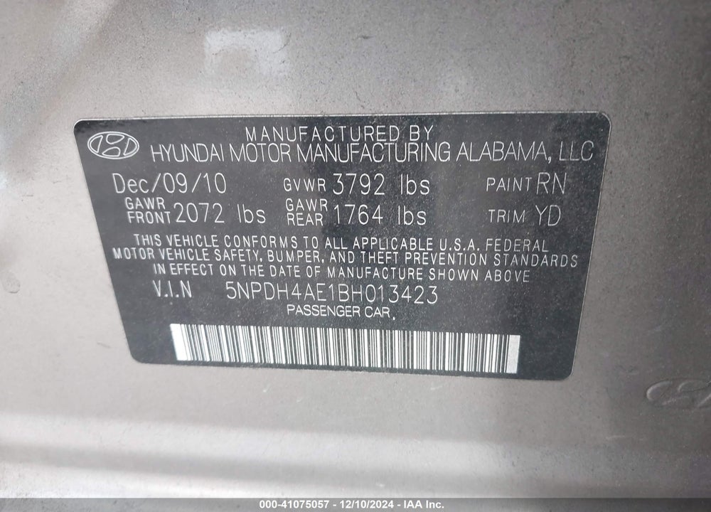 2011 HYUNDAI ELANTRA LIMITED VIN: 5NPDH4AE1BH013423