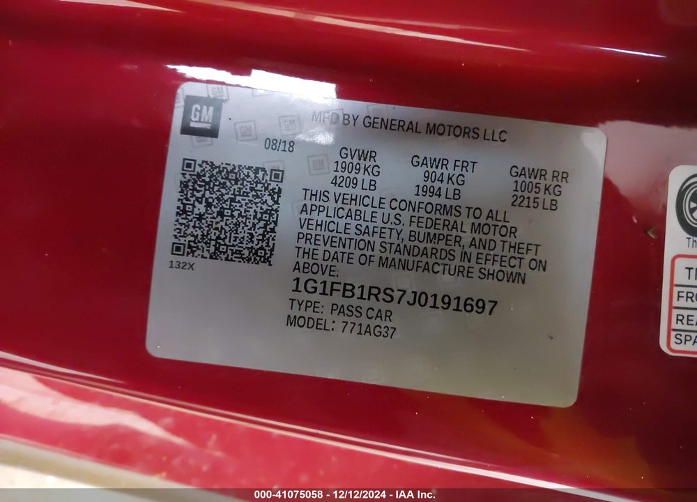 2018 CHEVROLET CAMARO 1LT VIN: 1G1FB1RS7J0191697