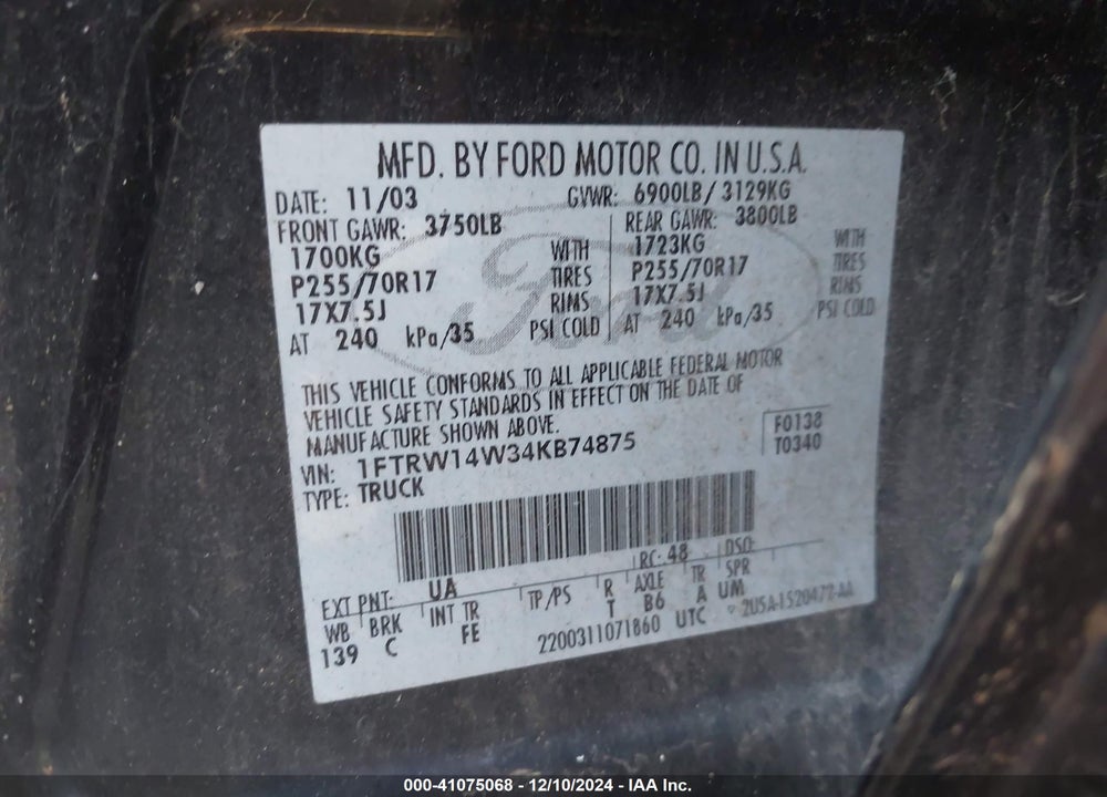 2004 FORD F-150 XLT VIN: 1FTRW14W34KB74875
