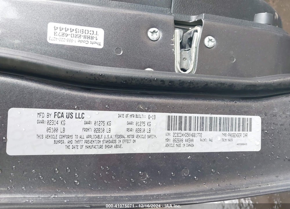 2019 DODGE CHARGER VIN: 2C3CDXHG5KH681772