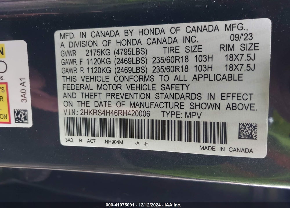 2024 HONDA CR-V EX AWD VIN: 2HKRS4H46RH420006
