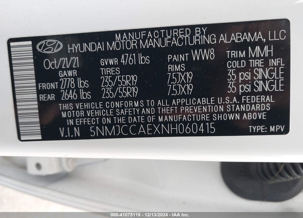 2022 HYUNDAI TUCSON SEL VIN: 5NMJCCAEXNH060415