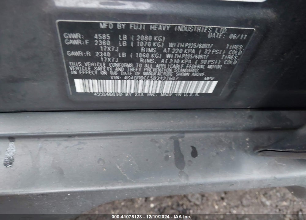 2011 SUBARU OUTBACK 2.5I PREMIUM VIN: 4S4BRBCC5B3427607