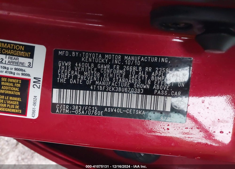 2011 TOYOTA CAMRY SE VIN: 4T1BF3EK3BU670393
