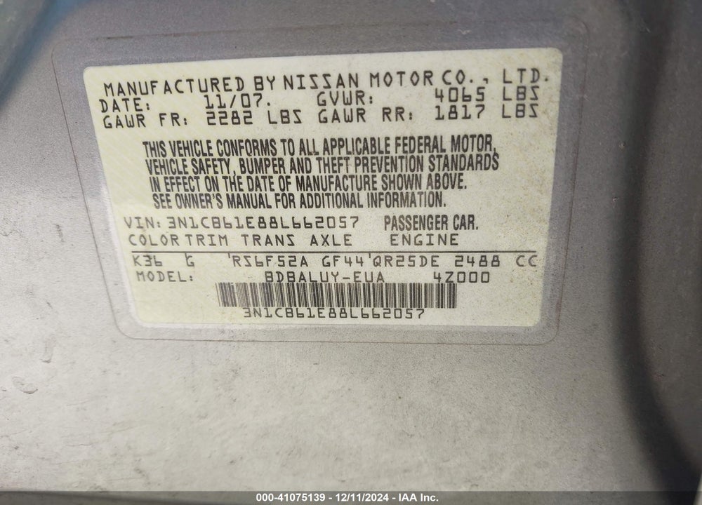2008 NISSAN SENTRA SE-R SPEC V VIN: 3N1CB61E88L662057