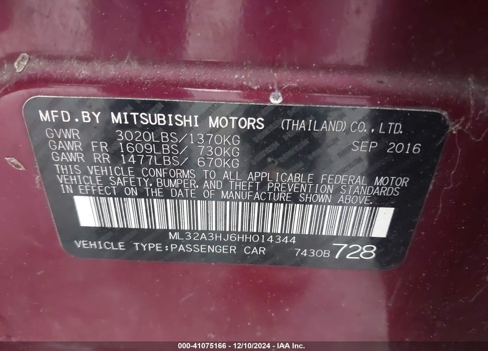 2017 MITSUBISHI MIRAGE ES VIN: ML32A3HJ6HH014344