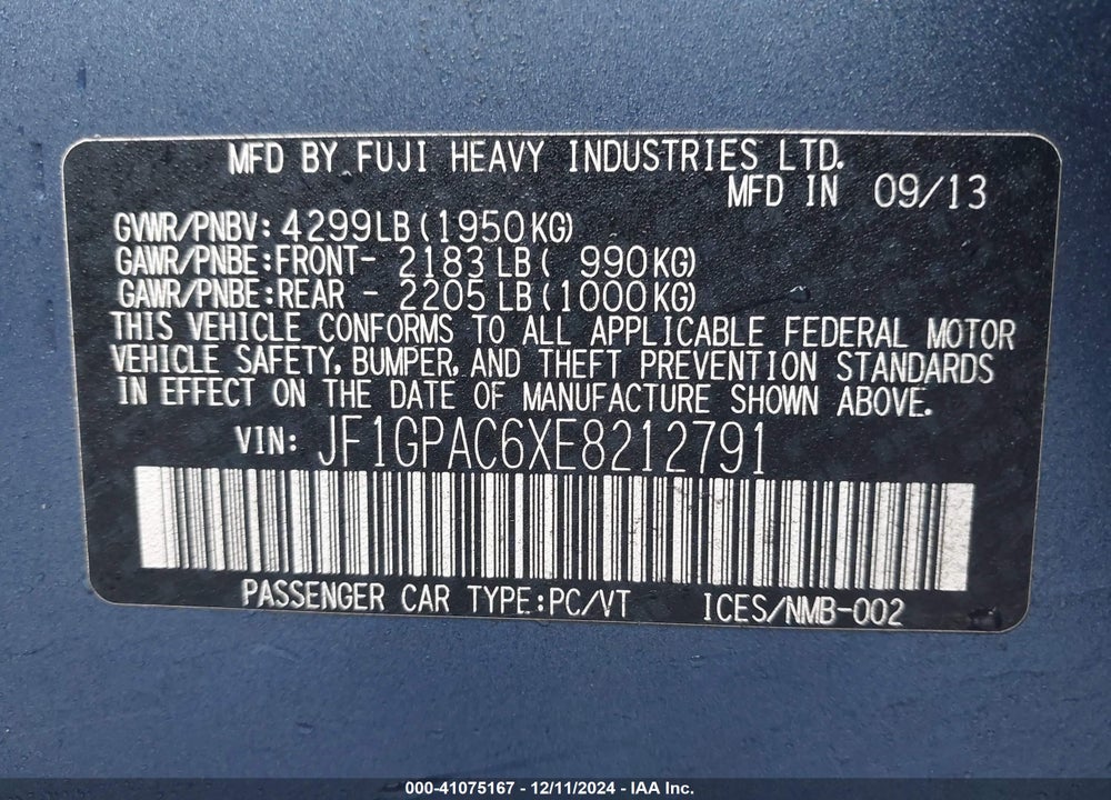 2014 SUBARU IMPREZA VIN: JF1GPAC6XE8212791