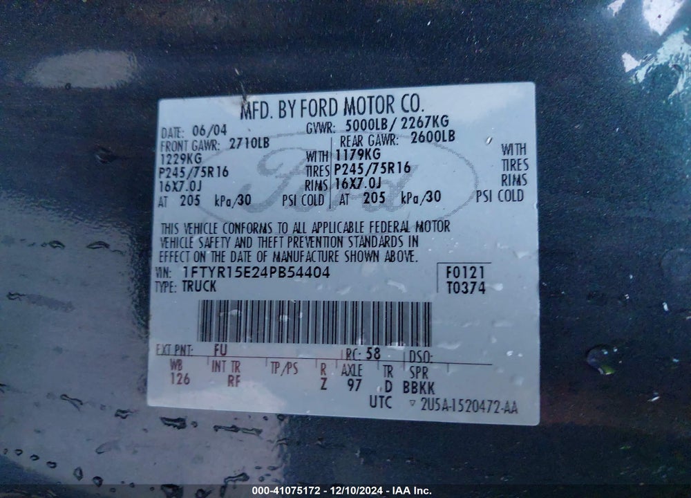 2004 FORD RANGER XLT VIN: 1FTYR15E24PB54404