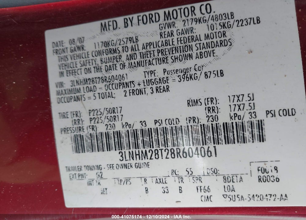2008 LINCOLN MKZ VIN: 3LNHM28T28R604061