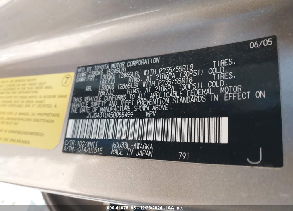 2005 LEXUS RX 330 VIN: JTJGA31U450058499