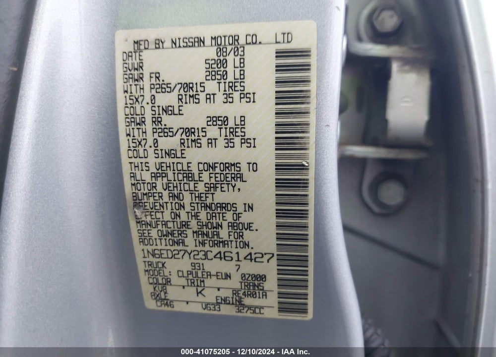 2003 NISSAN FRONTIER XE-V6 VIN: 1N6ED27Y23C461427