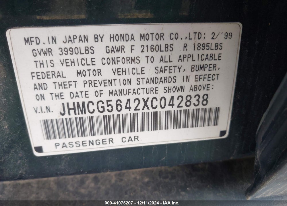 1999 HONDA ACCORD LX VIN: JHMCG5642XC042838