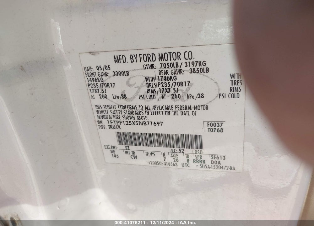 2005 FORD F-150 XL/XLT VIN: 1FTPF125X5NB71697