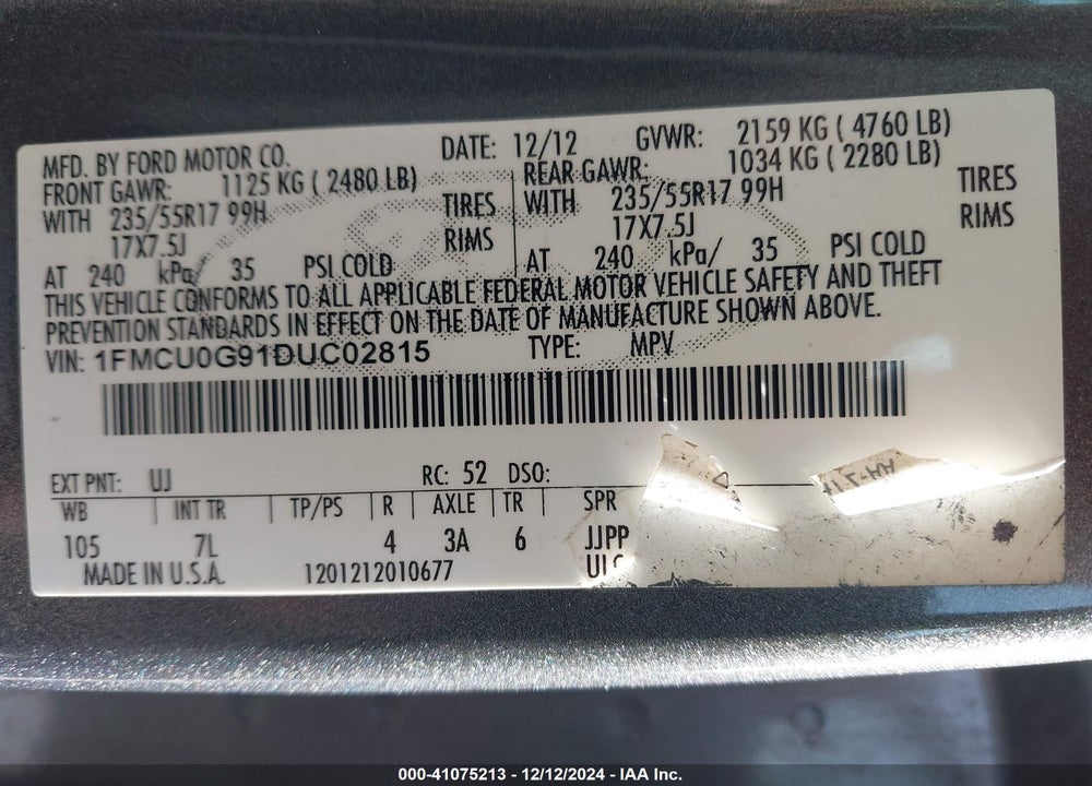 2013 FORD ESCAPE SE VIN: 1FMCU0G91DUC02815