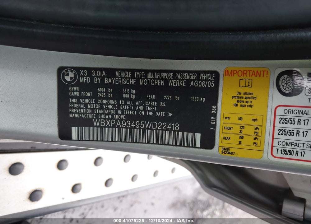 2005 BMW X3 3.0I VIN: WBXPA93495WD22418