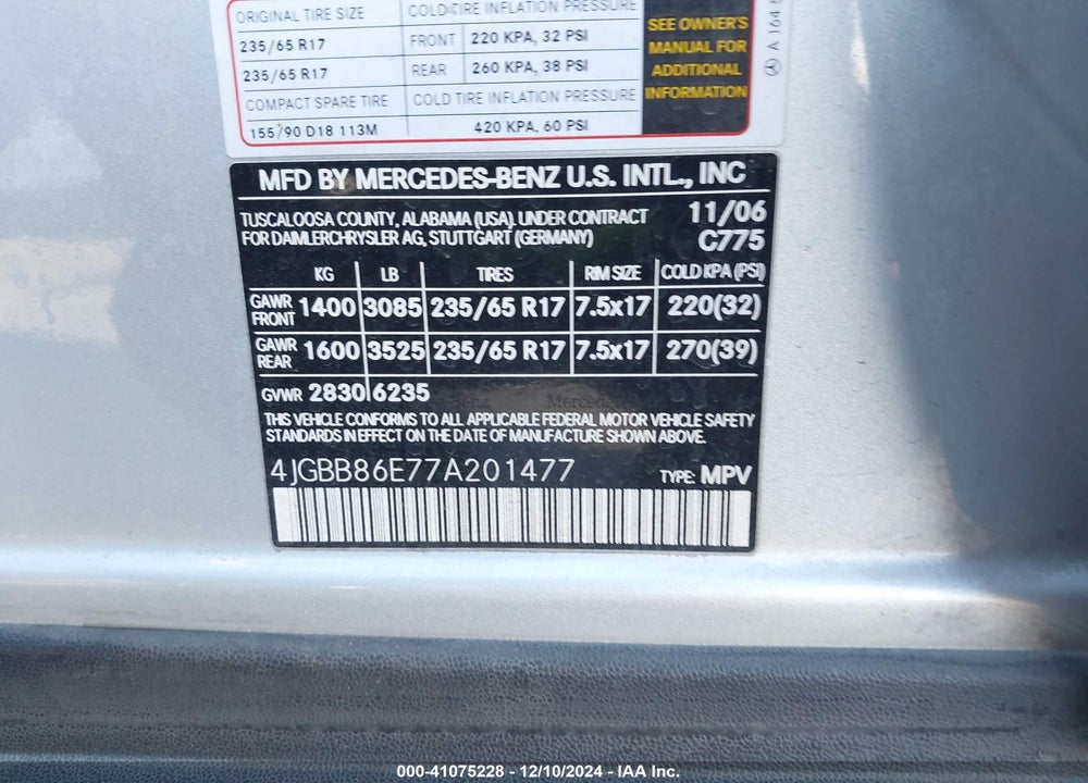 2007 MERCEDES-BENZ ML 350 4MATIC VIN: 4JGBB86E77A201477