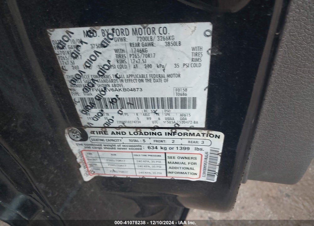 2010 FORD F-150 FX4/HARLEY-DAVIDSON/KING RANCH/LARIAT/PLATINUM/XL/XLT VIN: 1FTFW1EV6AKB04873