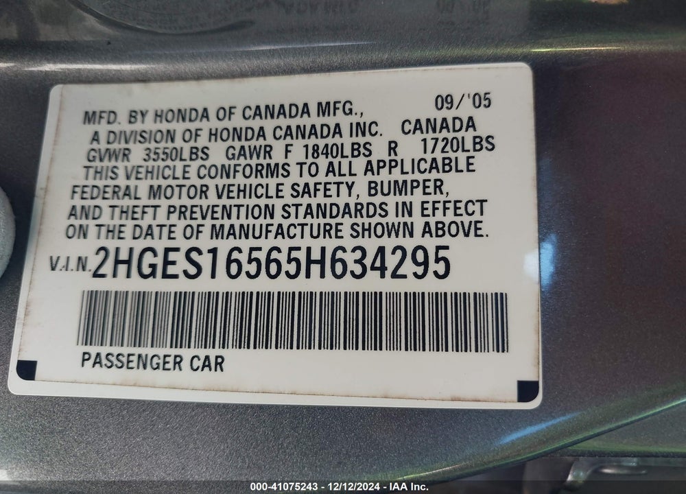 2005 HONDA CIVIC LX VIN: 2HGES16565H634295