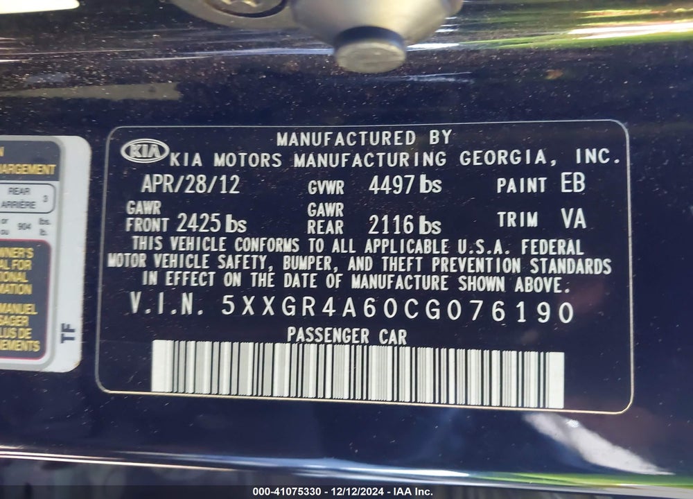 2012 KIA OPTIMA SX VIN: 5XXGR4A60CG076190