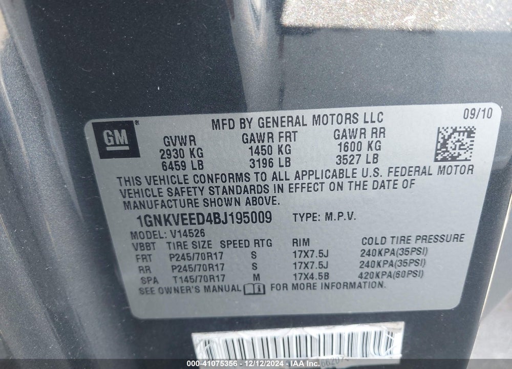 2011 CHEVROLET TRAVERSE LS VIN: 1GNKVEED4BJ195009