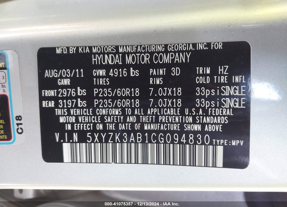 2012 HYUNDAI SANTA FE LIMITED VIN: 5XYZK3AB1CG094830