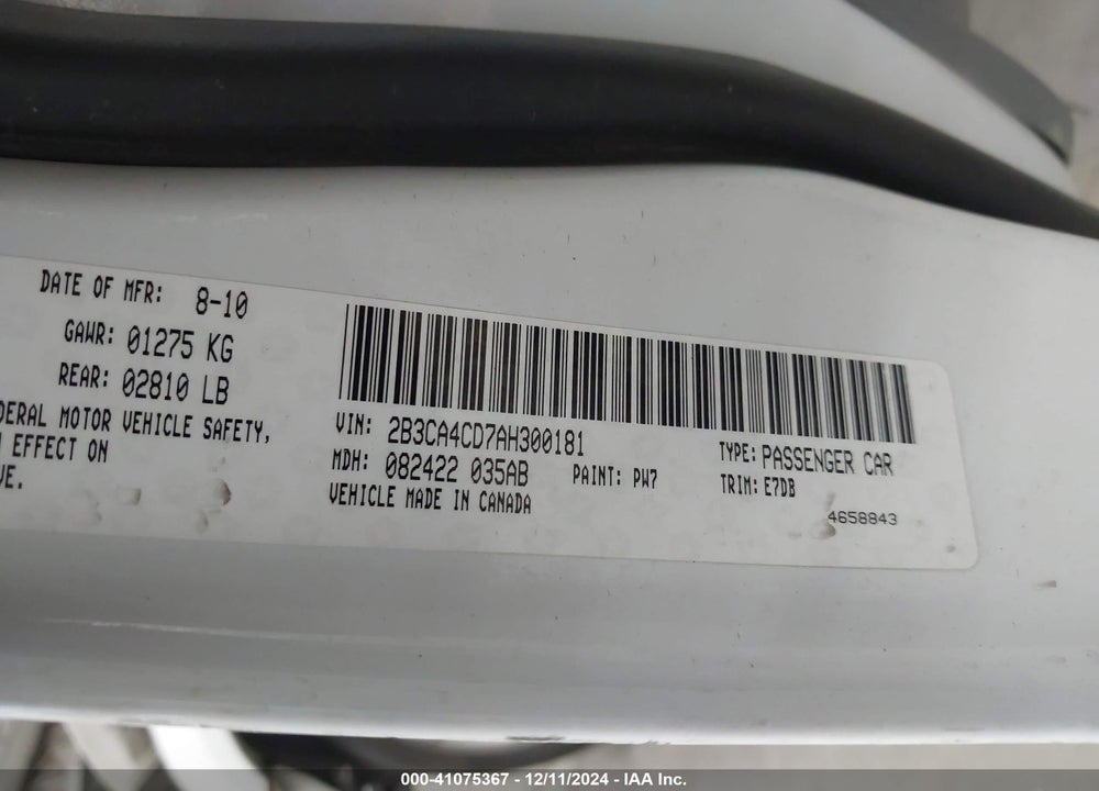 2010 DODGE CHARGER VIN: 2B3CA4CD7AH300181