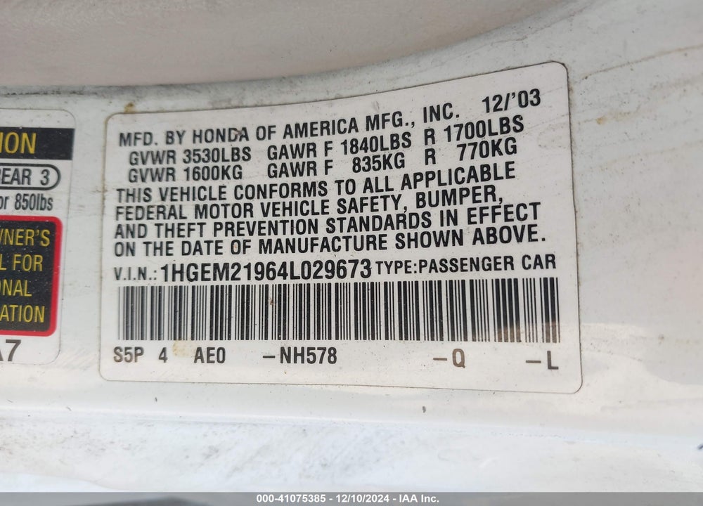 2004 HONDA CIVIC EX VIN: 1HGEM21964L029673