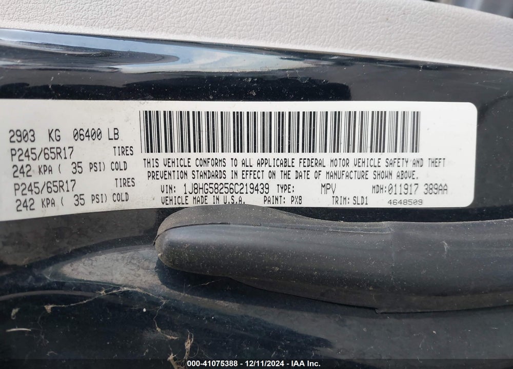2006 JEEP COMMANDER LIMITED VIN: 1J8HG58256C219439
