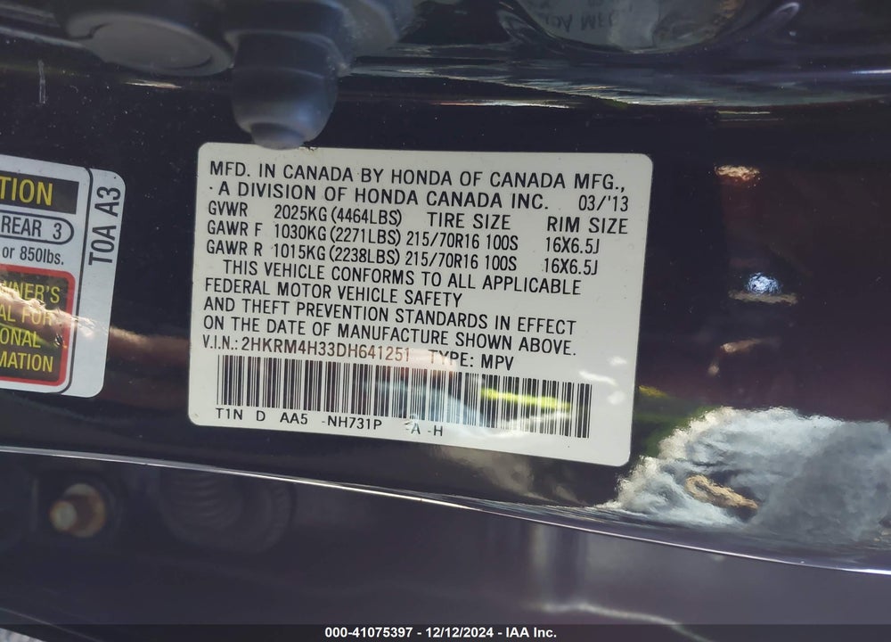 2013 HONDA CR-V LX VIN: 2HKRM4H33DH641251