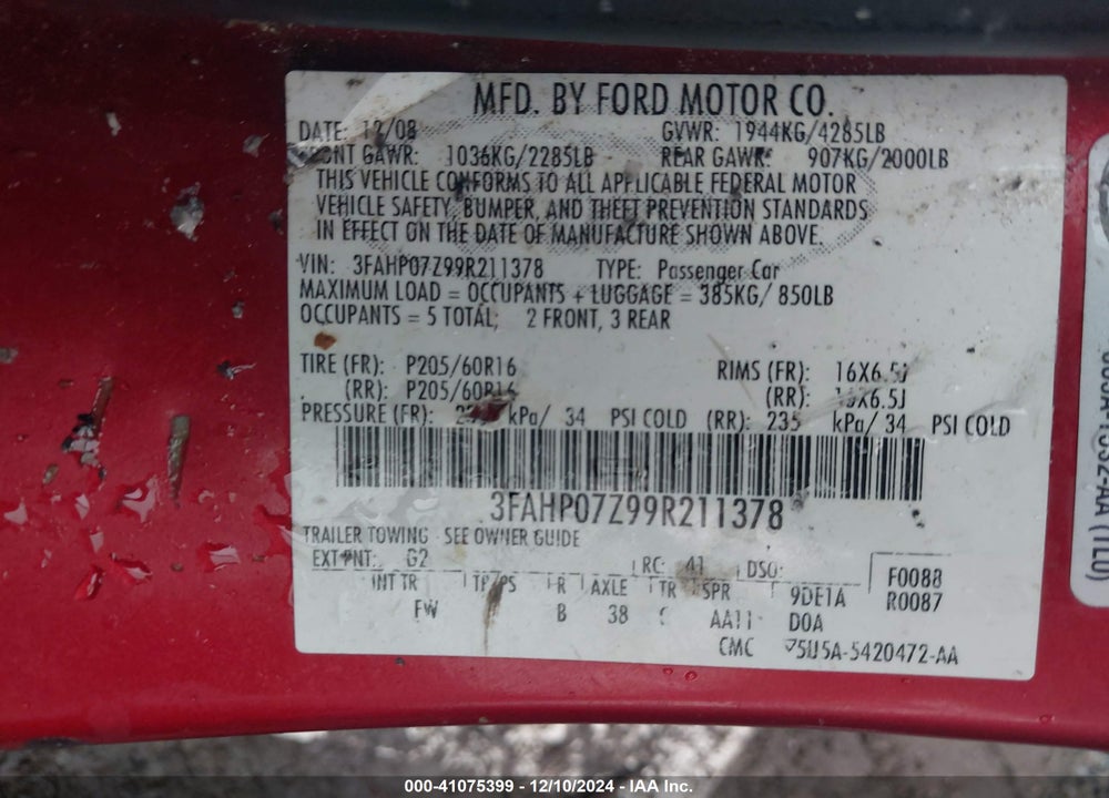2009 FORD FUSION VIN: 3FAHP07Z99R211378