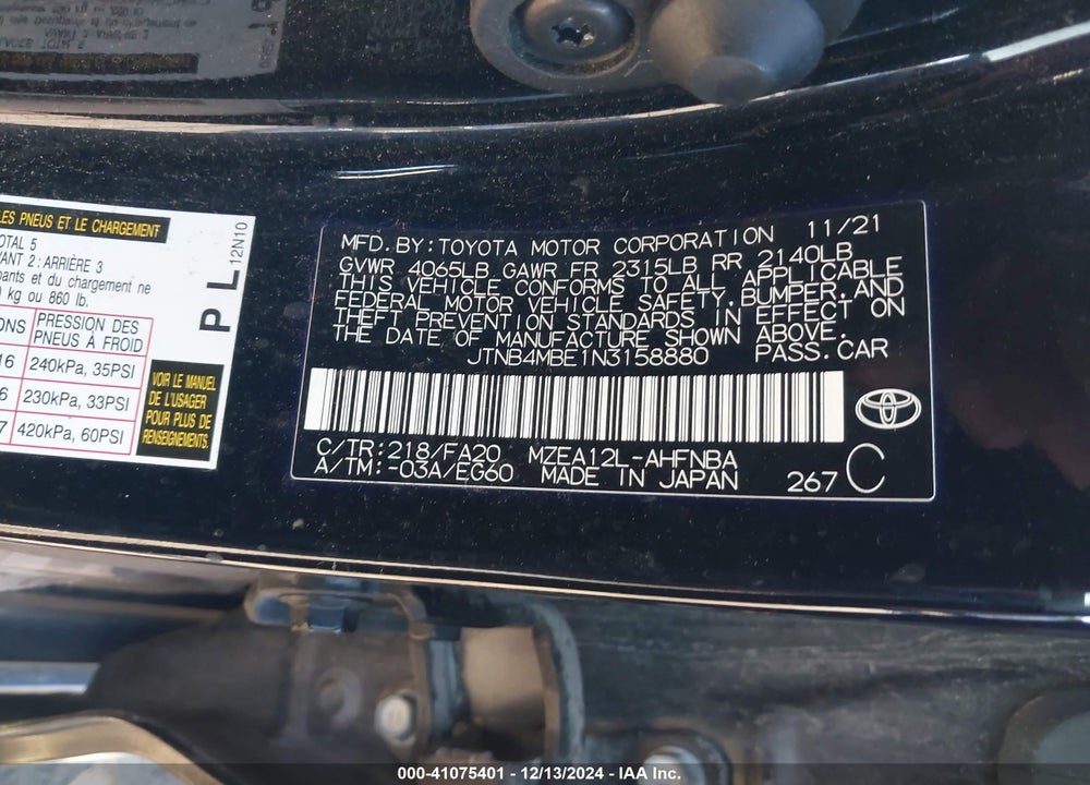 2022 TOYOTA COROLLA SE VIN: JTNB4MBE1N3158880