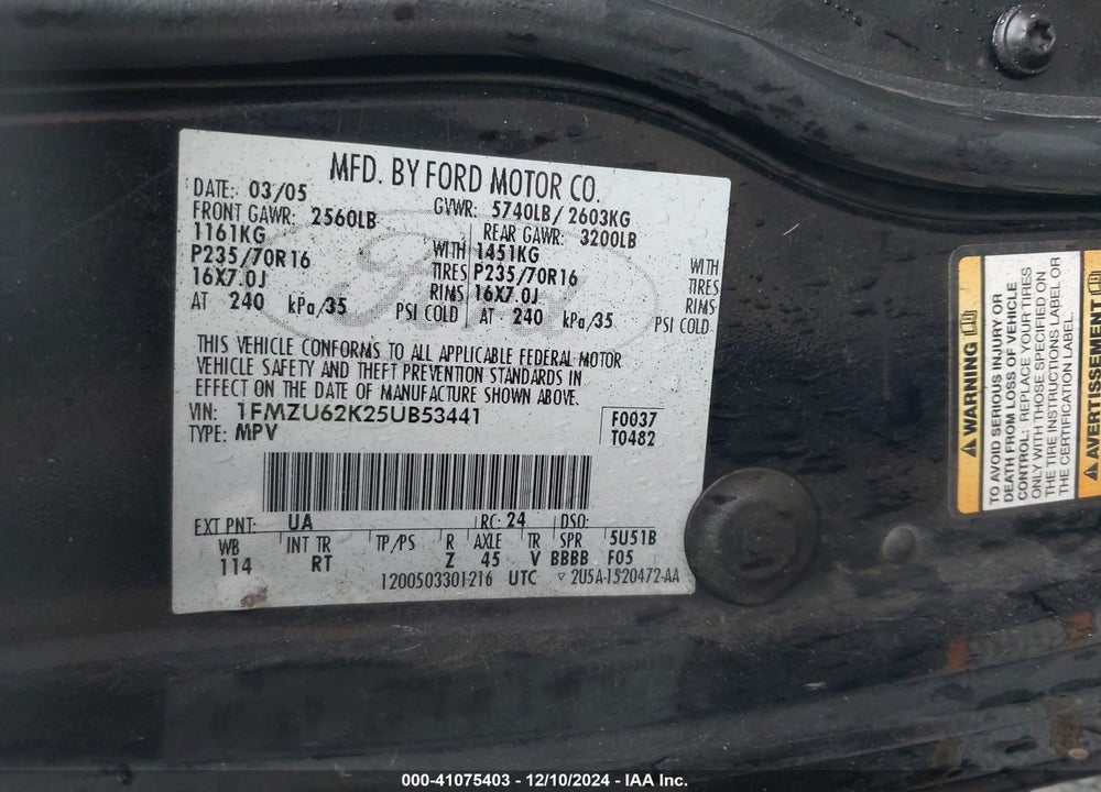2005 FORD EXPLORER XLS/XLS SPORT VIN: 1FMZU62K25UB53441